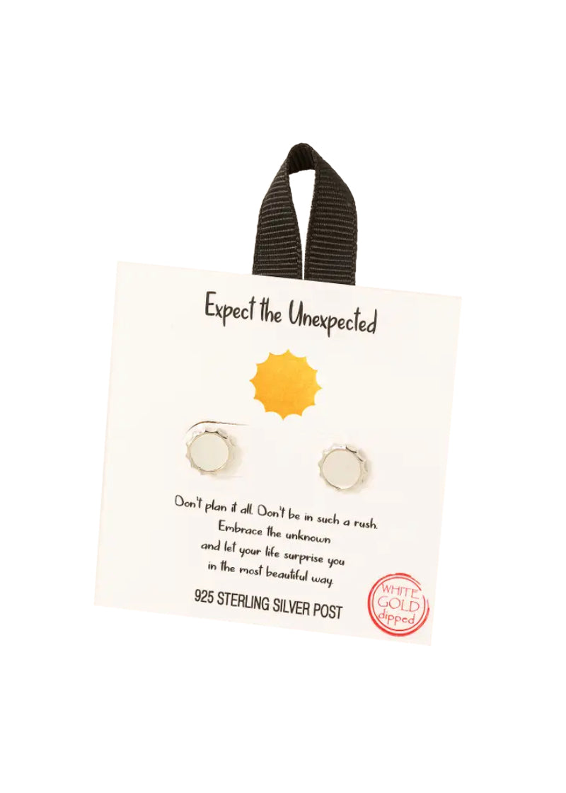 A pair of stud earrings with silver encircling mother of pearl discs.