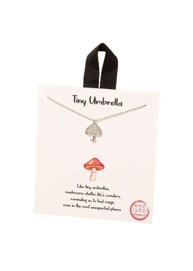 Silver chain necklace with silver mushroom pendant.