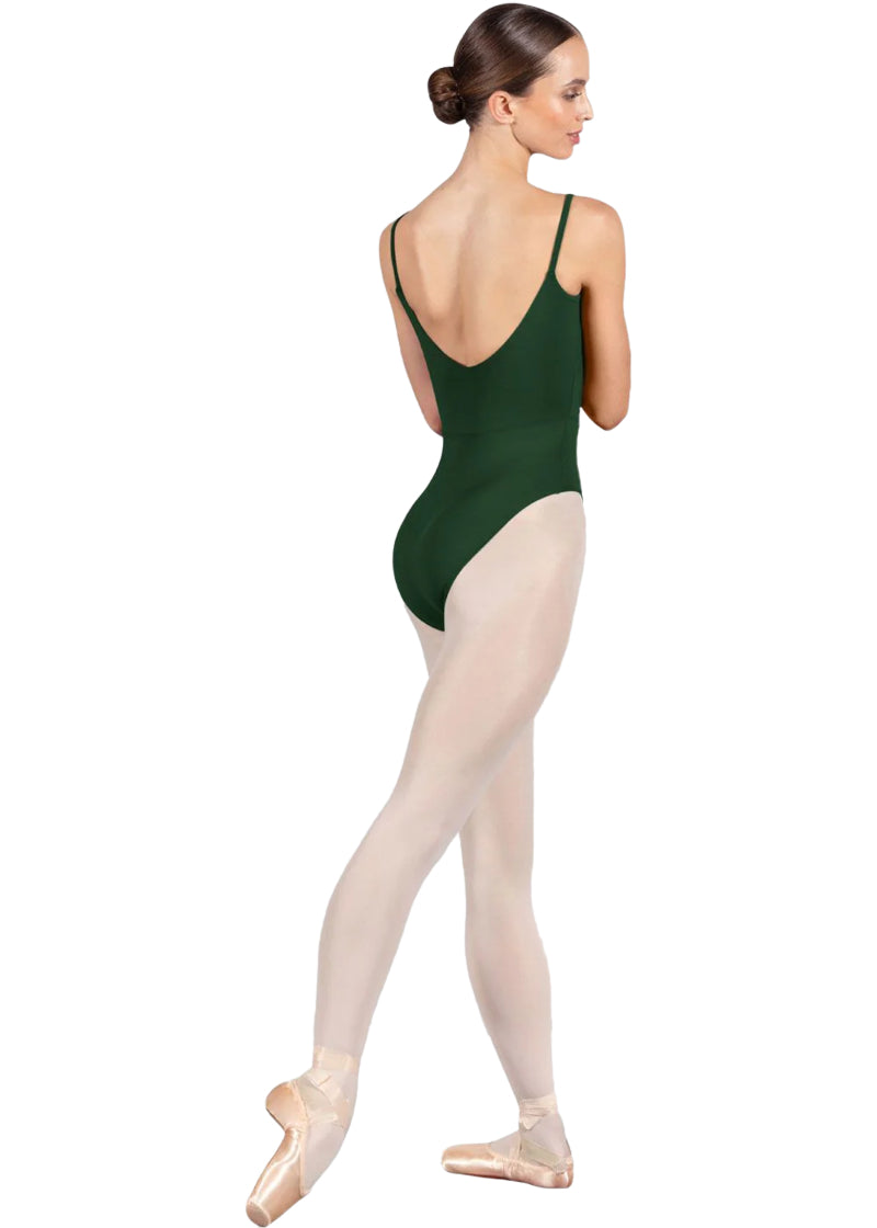 Bloch women's Ruby camisole leotard in dark green with scoop back.