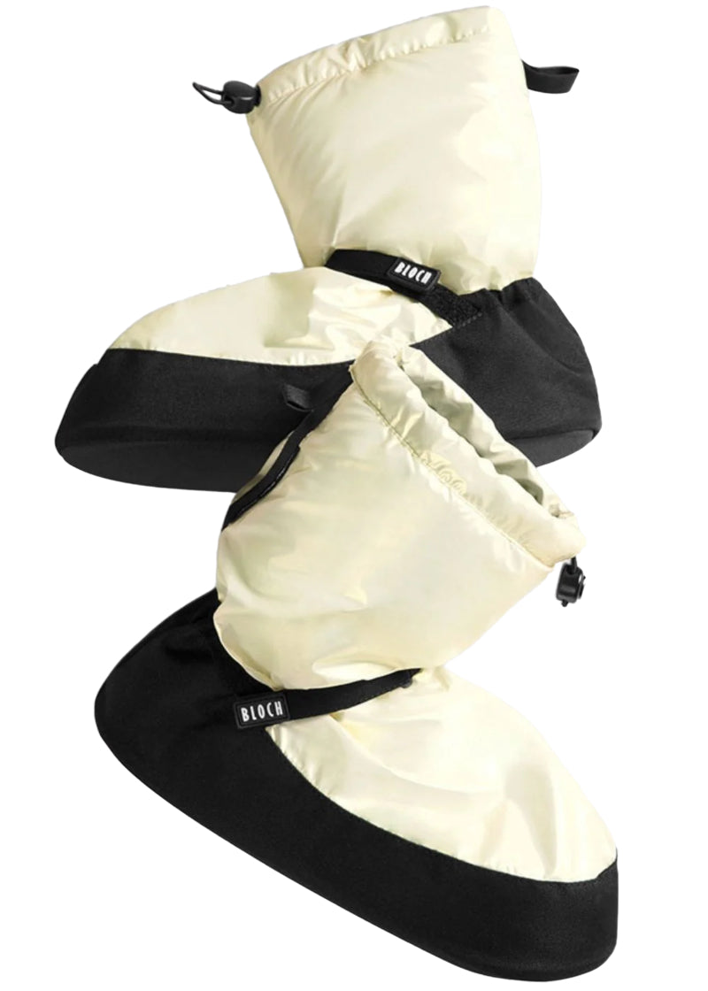 Bloch insulated booties in metallic white with toggle cinch top and velcro strap.