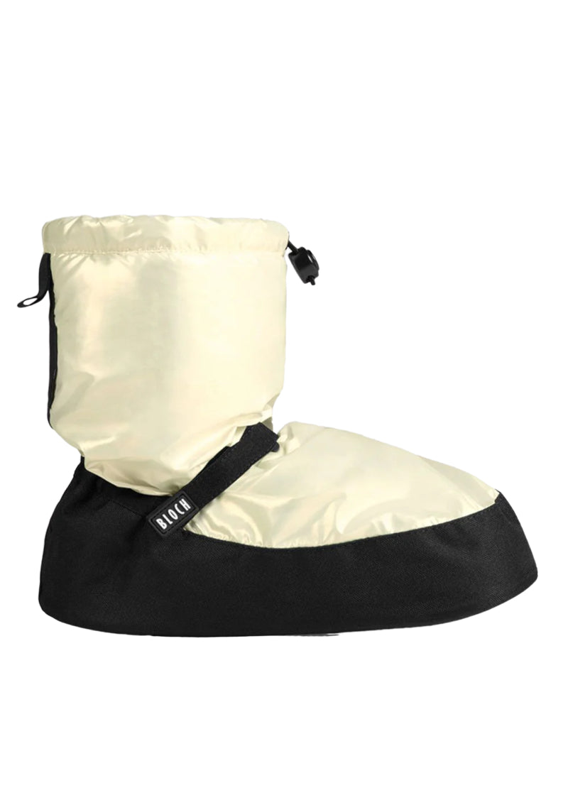 Bloch insulated bootie in metallic white with toggle cinch top and velcro strap.