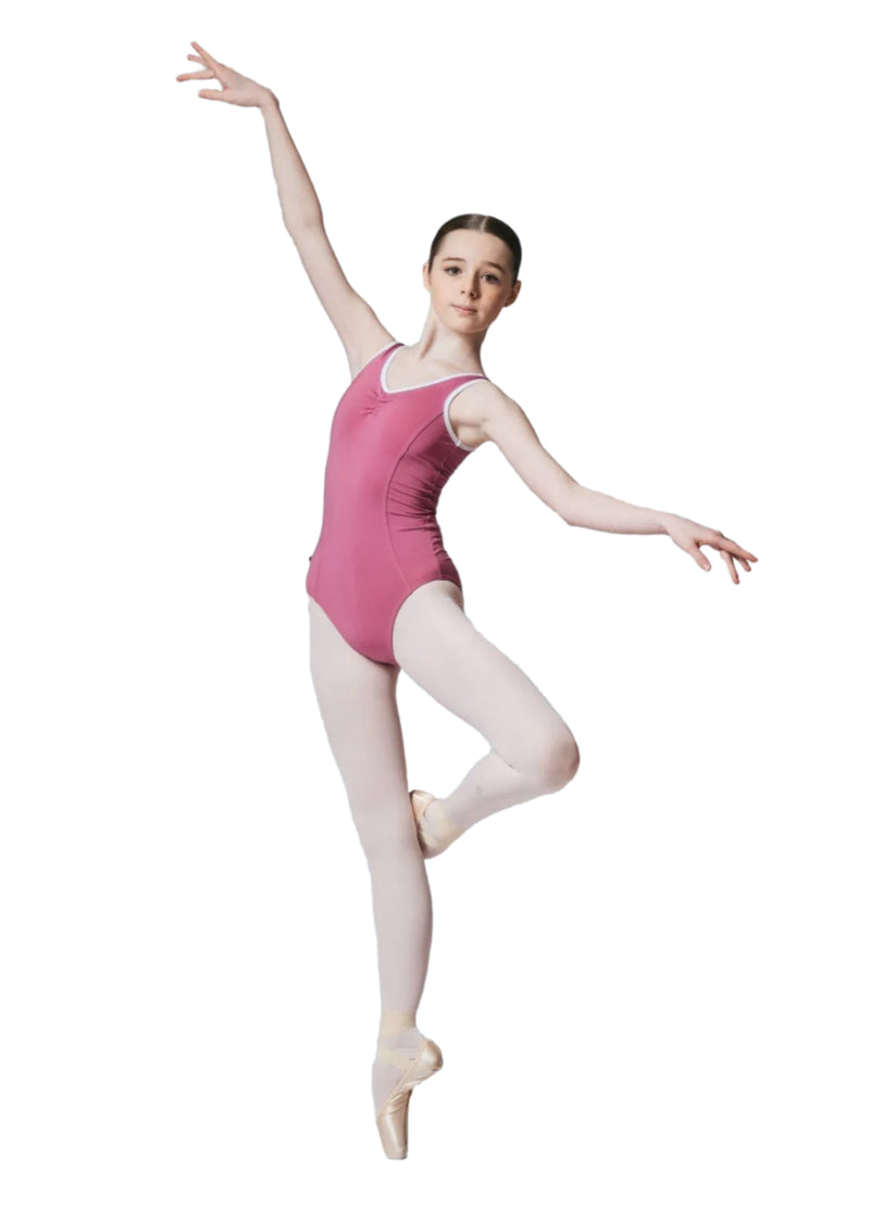 AK Dancewear women's Ava tank leotard in pink with princess seams, pinch front neckline, and white trim.
