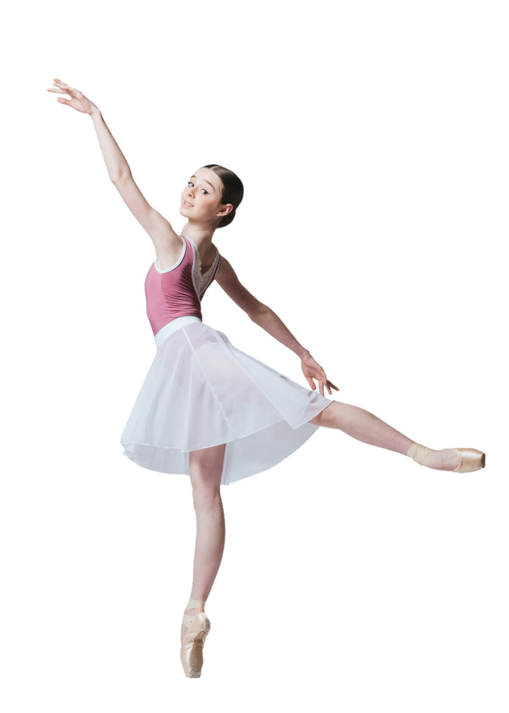 AK Dancewear Casie high-low pull-on mesh skirt in white.