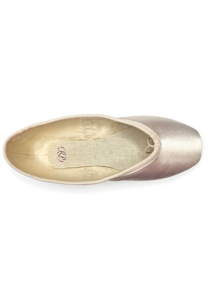 Top down view of the RP Akoya Pointe Shoe in Pink with recycle ocean-bound plastic inner lining