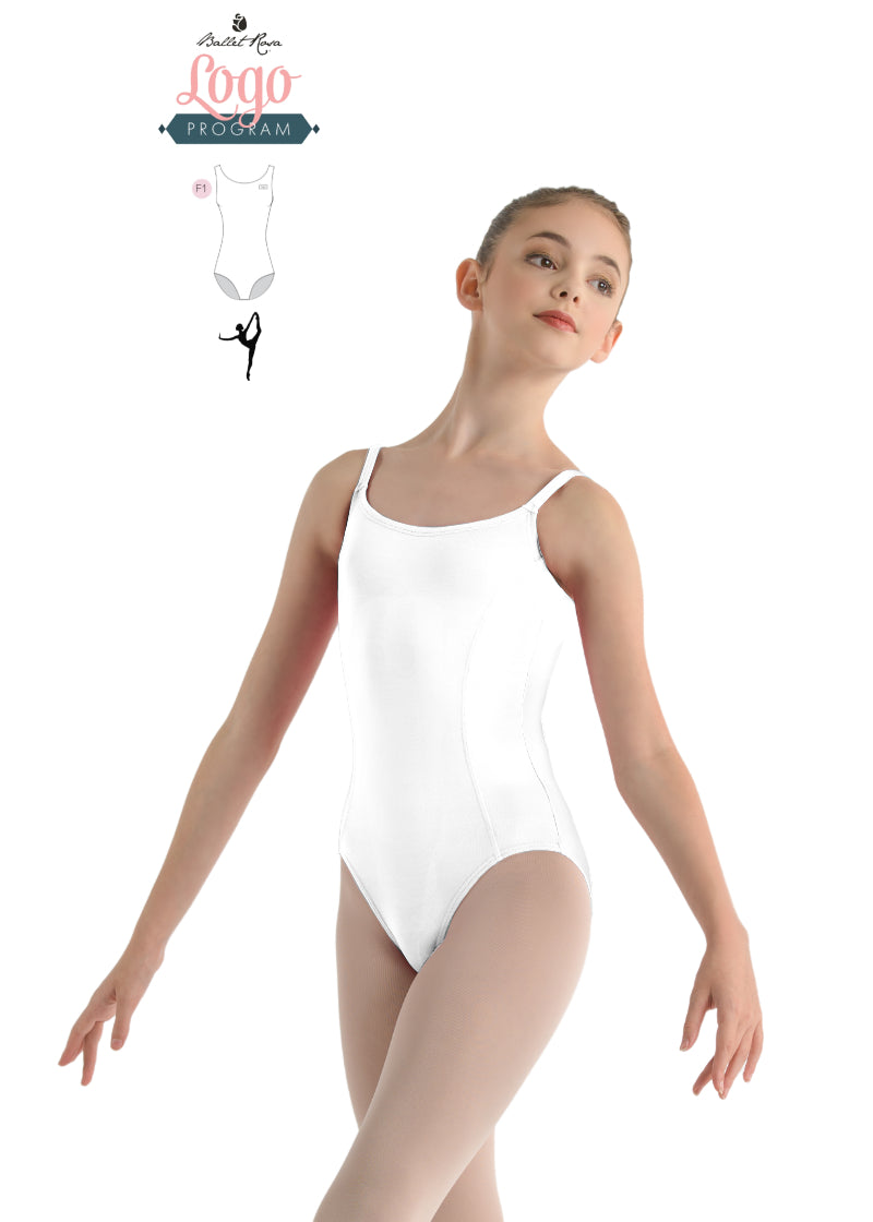Ballet Rosa white camisole leotard with princes seams and studio logo