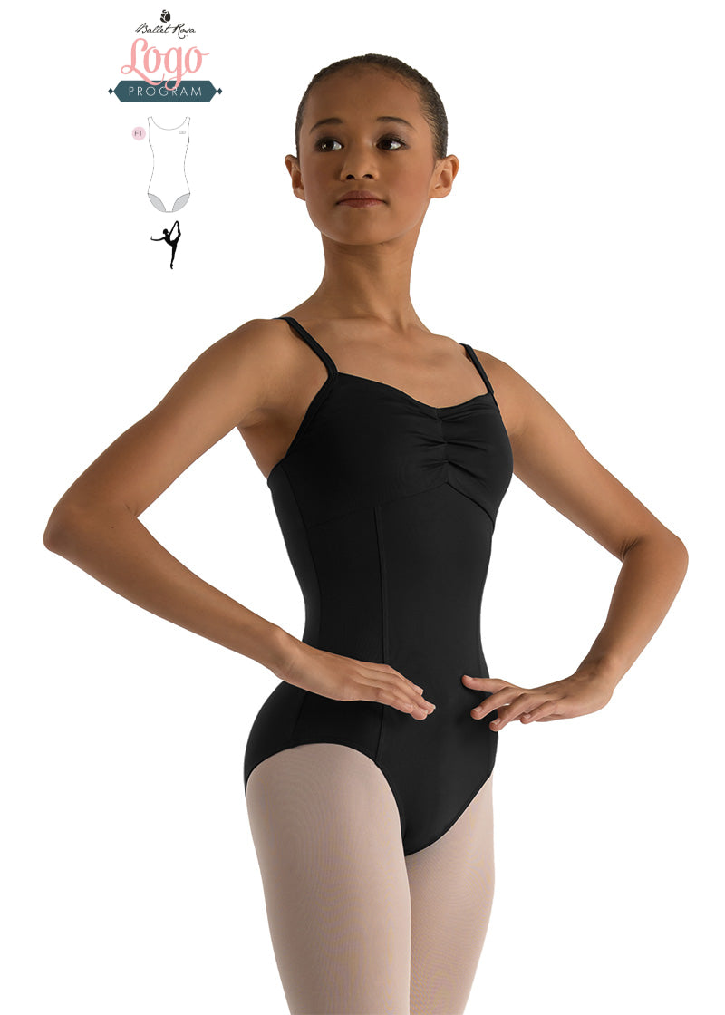 Ballet Rosa Studio Logo Program black camisole leotard with ruched bust and princess seams