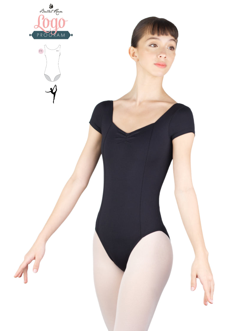 Ballet Rosa Studio Logo Program black cap sleeve leotard with pinch neckline and princess seams