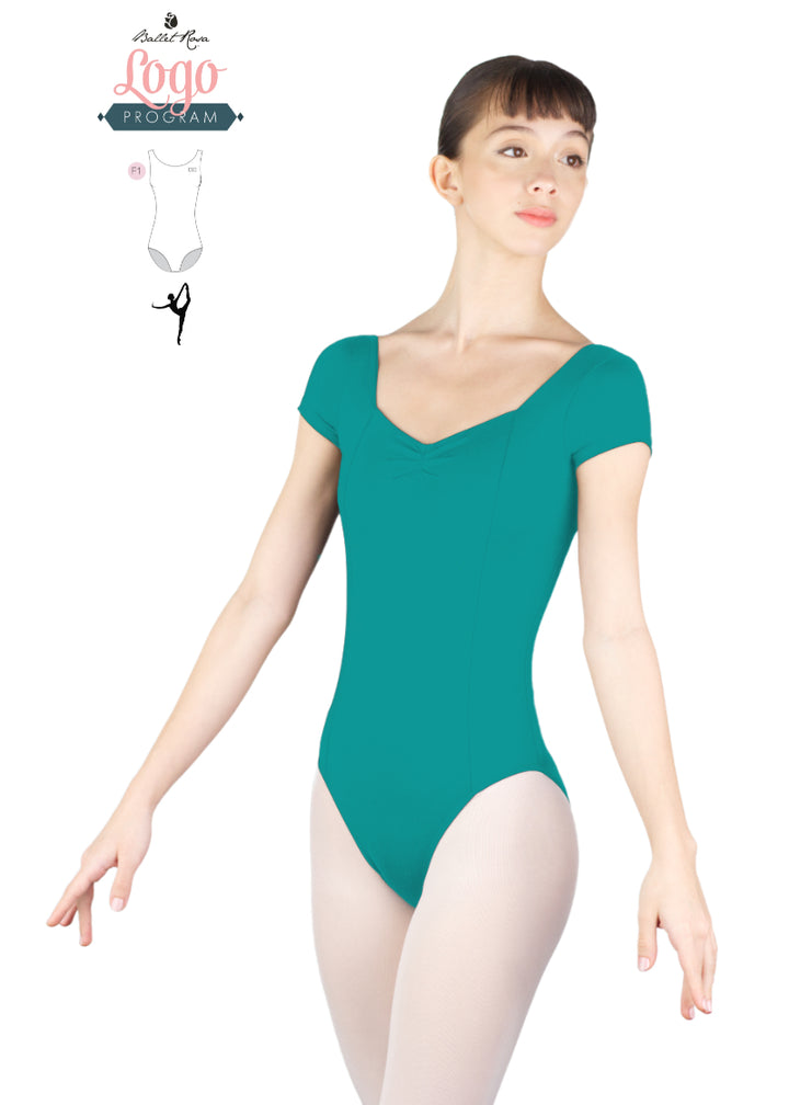 Ballet Rosa Studio Logo Program teal cap sleeve leotard with pinch neckline and princess seams