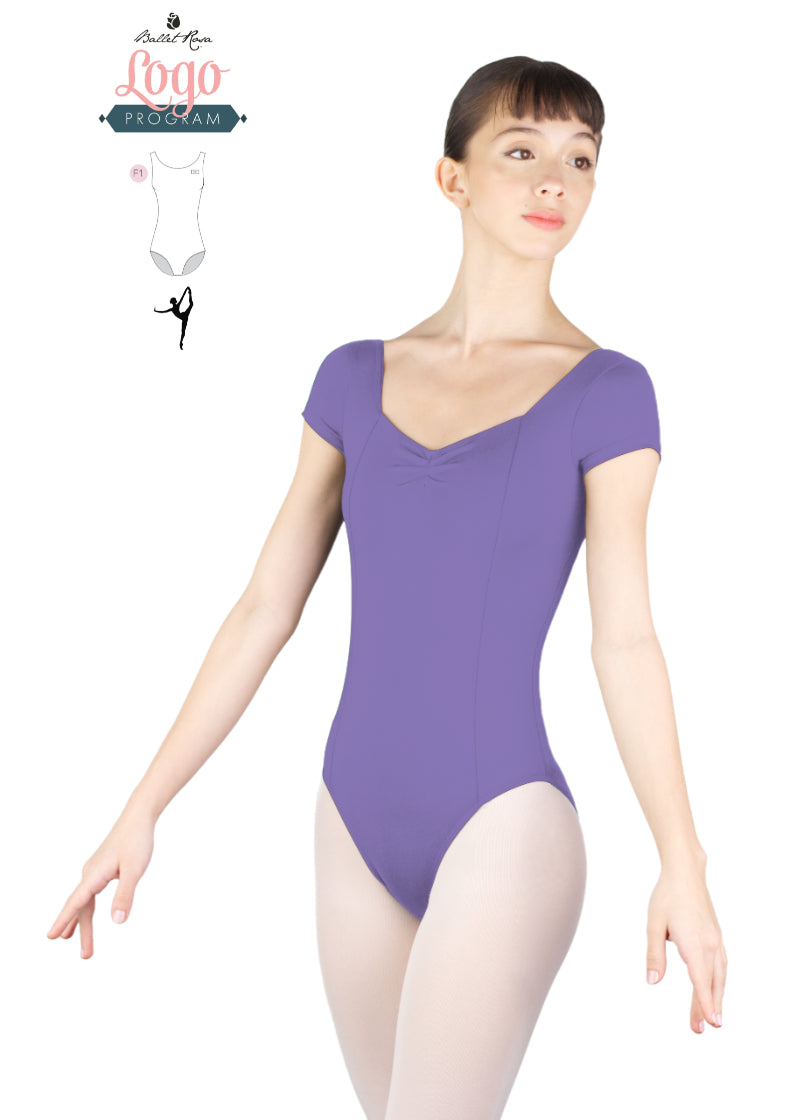Ballet Rosa Studio Logo Program lavender cap sleeve leotard with pinch neckline and princess seams