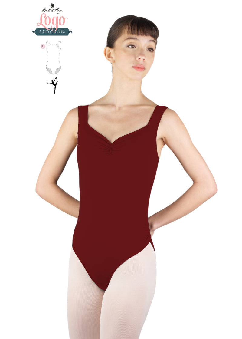 Ballet Rosa Studio Logo Program red tank leotard with pinch neckline