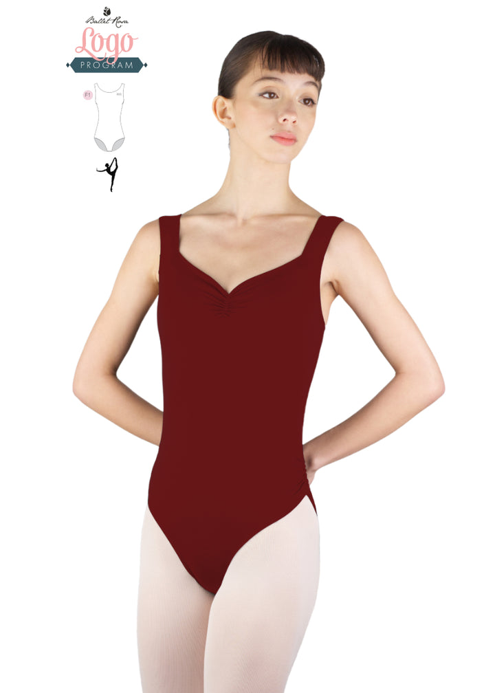 Ballet Rosa Studio Logo Program red tank leotard with pinch neckline