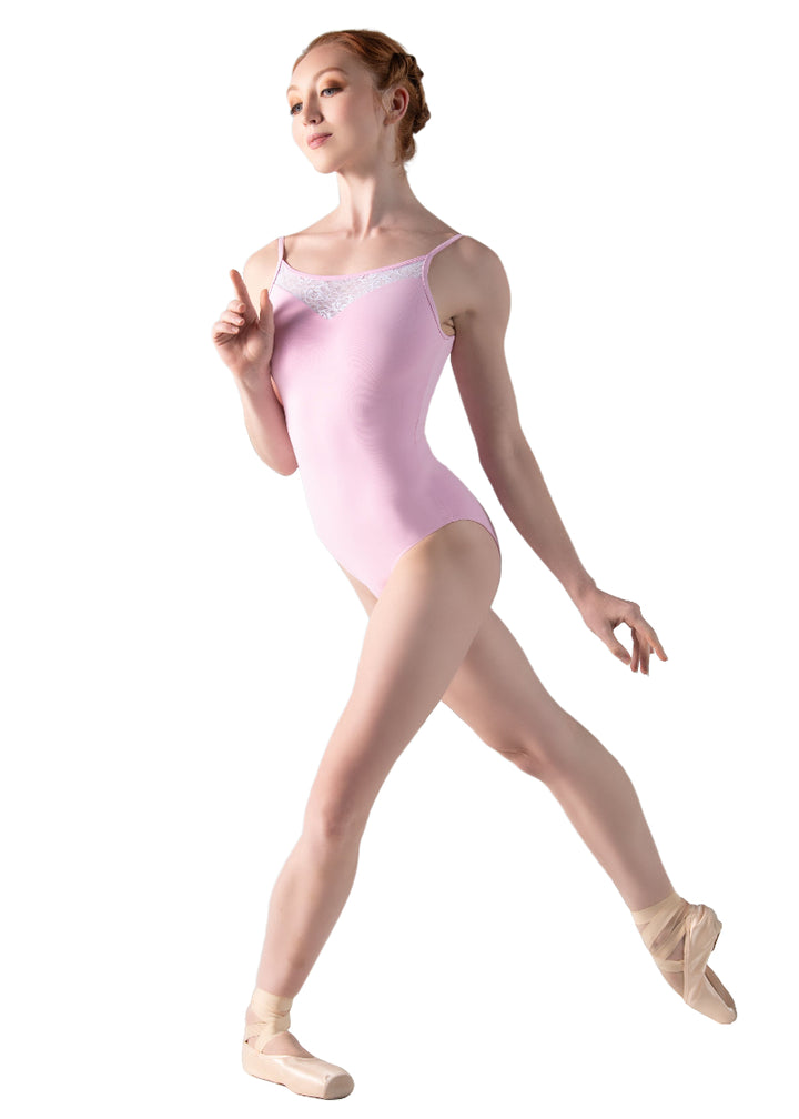 Ballet Rosa Serenade of Spring Aura Camisole Leotard in Rose Pink with White Lace and a strappy back