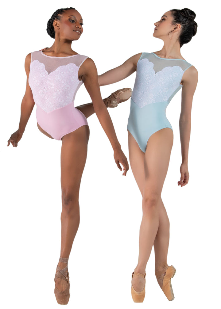 Ballet Rosa Serenade of Spring Caprice Tank Leotard pictured in Rose Pink and Light Blue Ciel with White Lace Bodice Overlay and mesh V-Back