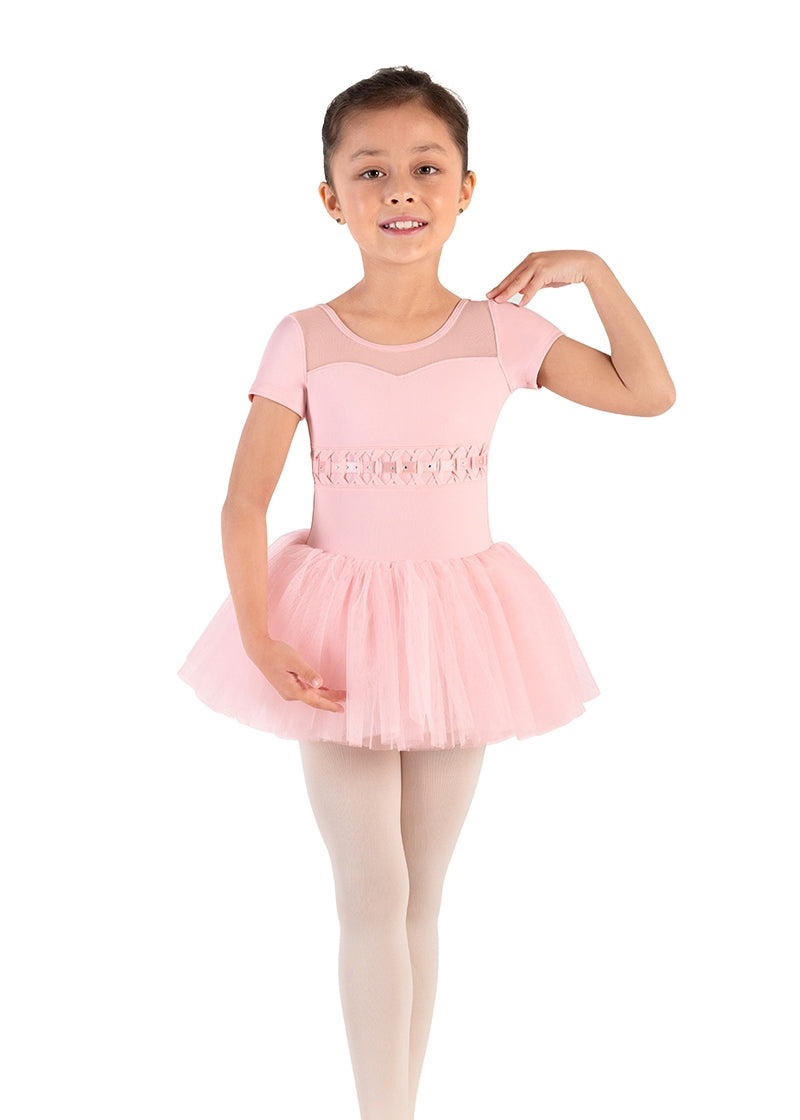 Bloch pink dance dress with illusion neckline, tutu skirt, and mesh waistline with elastic twist detail