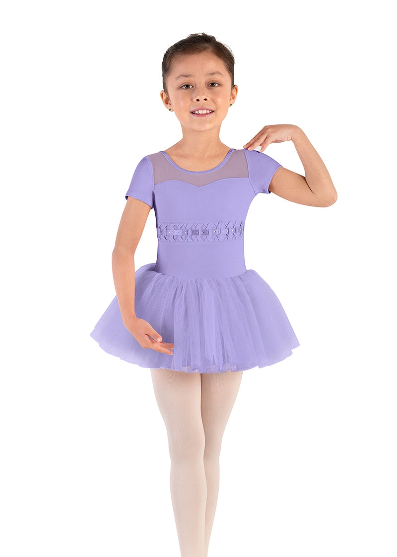 Bloch purple dance dress with illusion neckline, tutu skirt, and mesh waistline with elastic twist detail