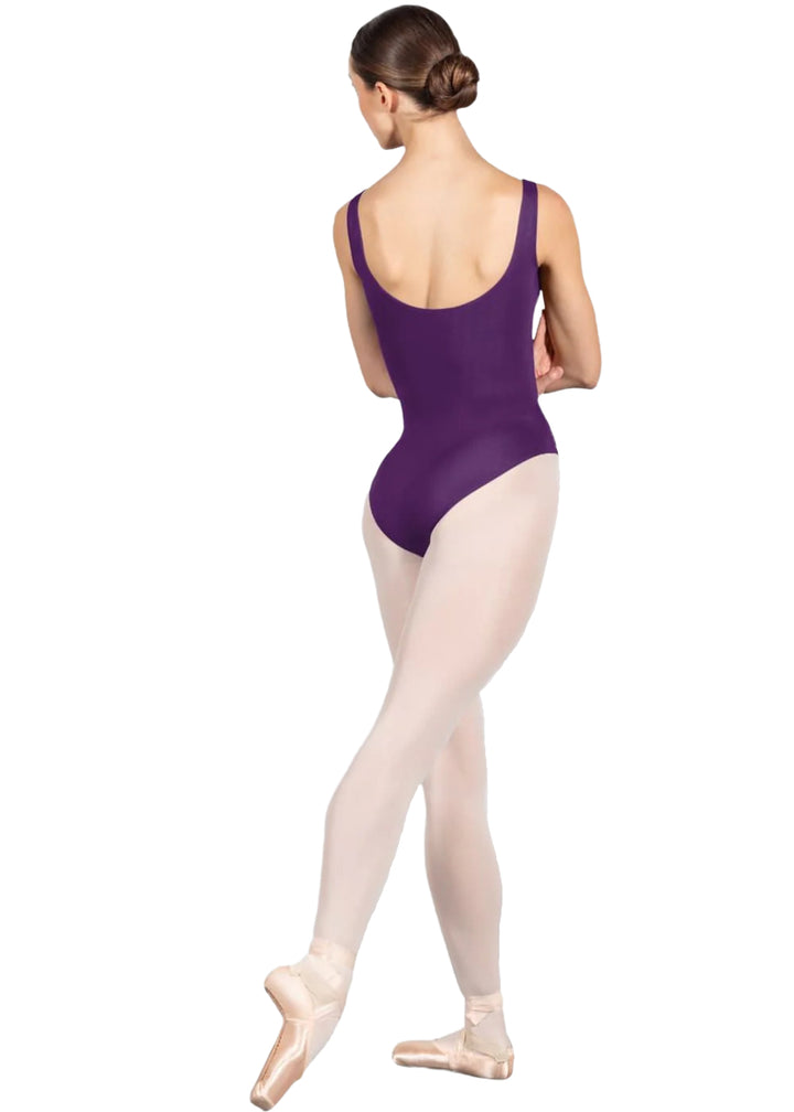 Bloch women's Ava tank leotard in purple with mid scoop back.