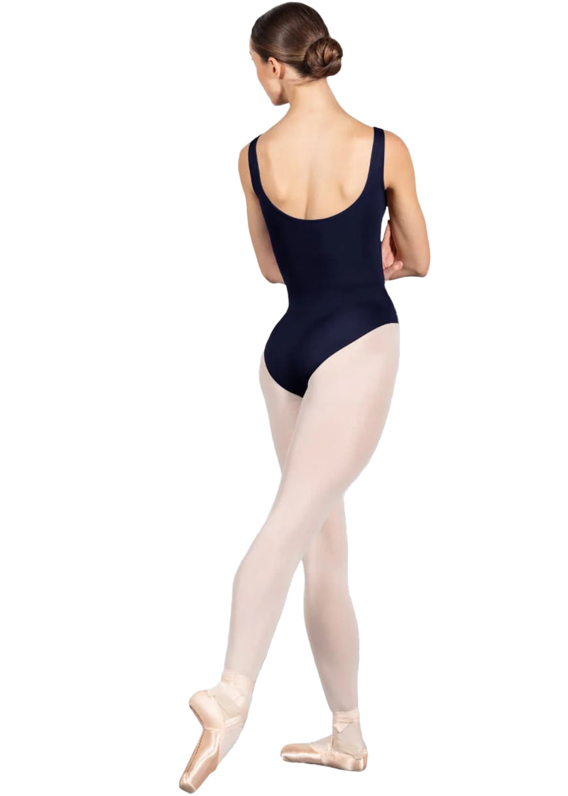Bloch women's Ava tank leotard in navy blue with med scoop back.