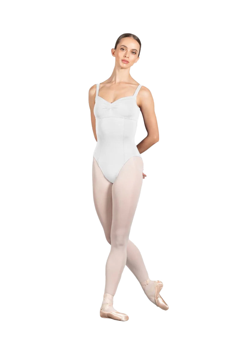 Bloch women's Ava tank leotard in white with pinch front neckline and princess seams.