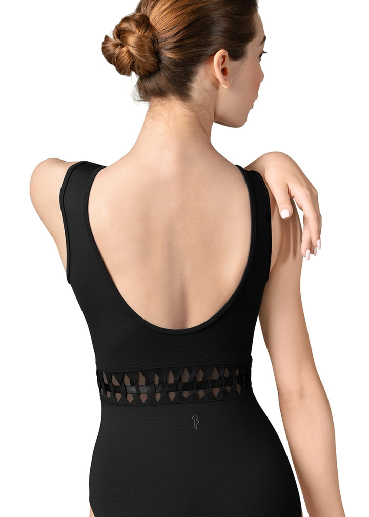 Bloch black tank leotard with scoop back and mesh side panels with elastic twist detail