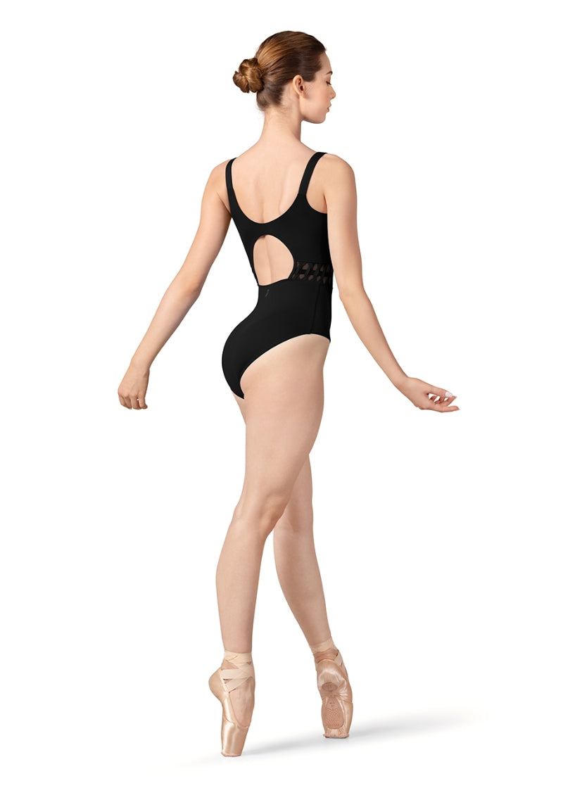 Bloch black camisole leotard with keyhole back and mesh side panels with elastic twists