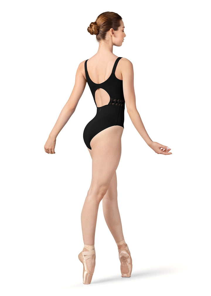 Bloch black camisole leotard with keyhole back and mesh side panels with elastic twists