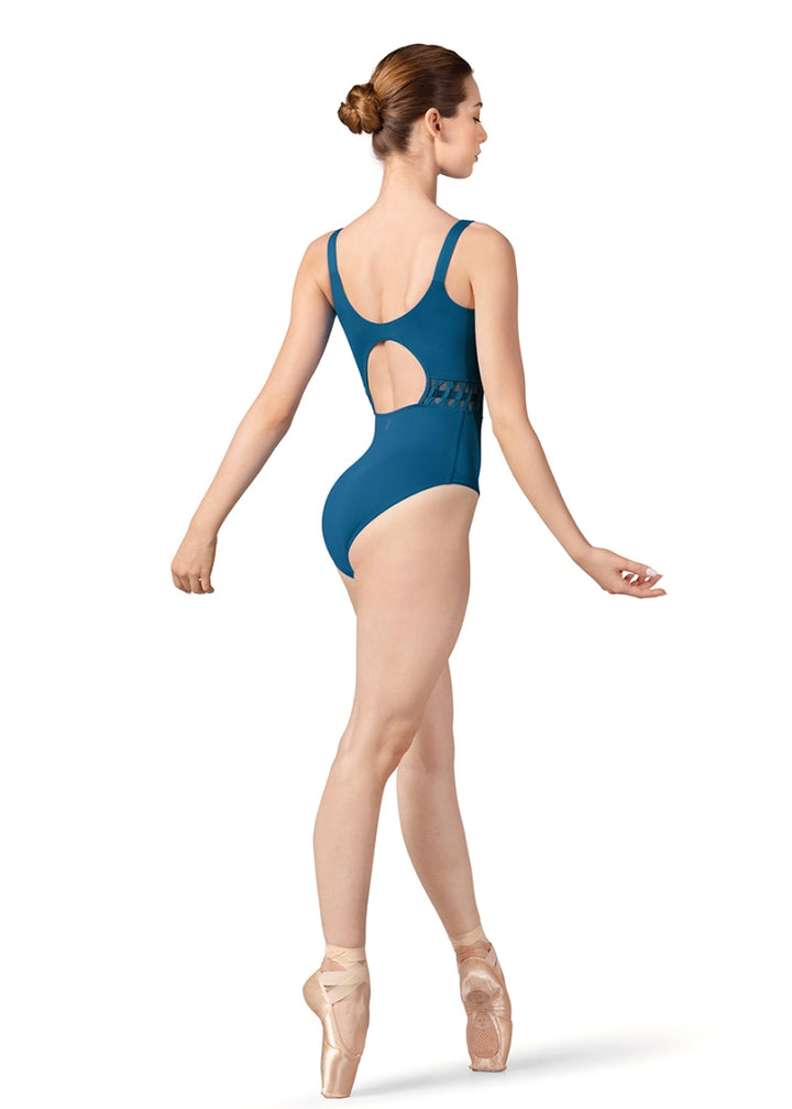 Bloch blue camisole leotard with keyhole back and mesh side panels with elastic twists