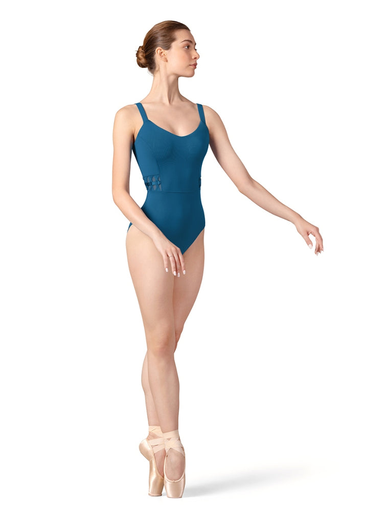Bloch blue camisole leotard with princess seams, V neckline, and mesh side panels with elastic twists