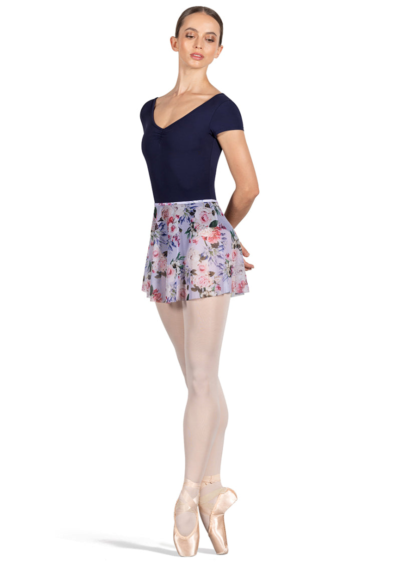 Bloch mesh pull-on skirt with floral print on lavender background.