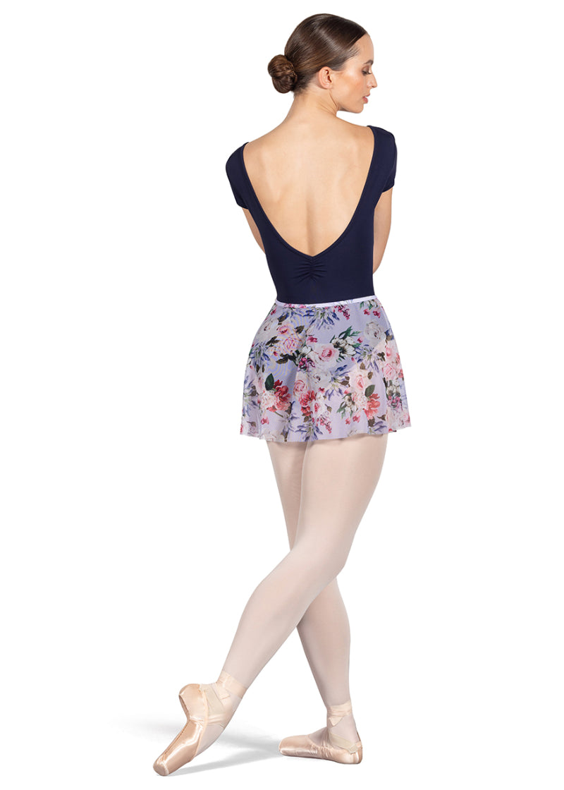 Bloch mesh pull-on skirt with floral print on lavender background.
