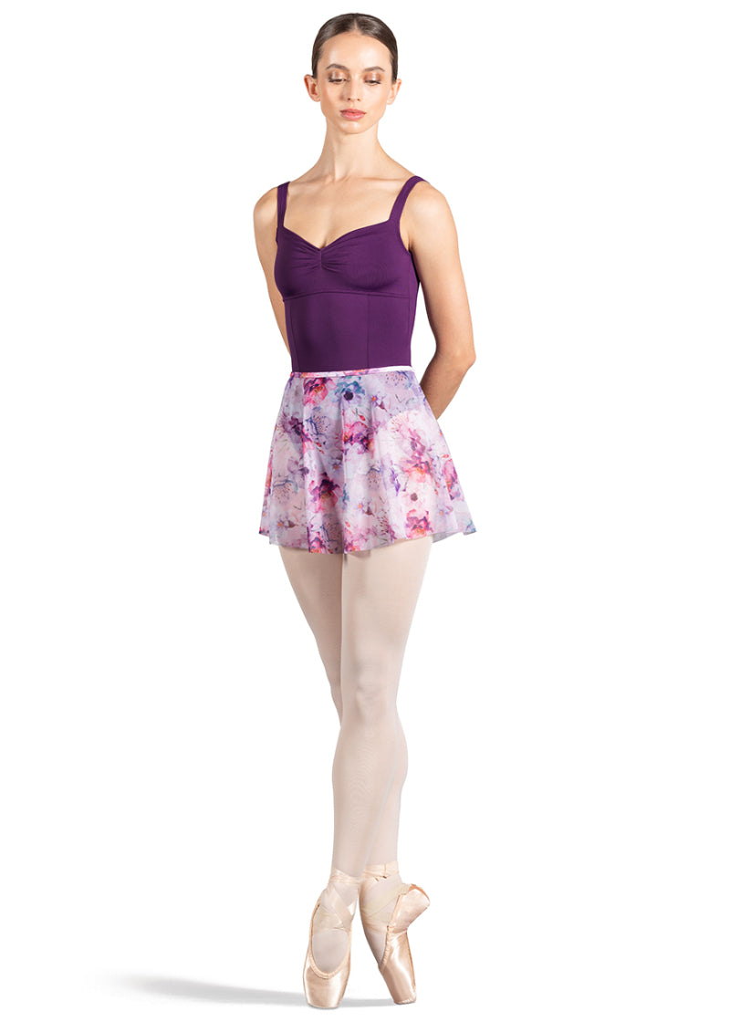 Bloch mesh pull-on skirt in pink and light purple floral print.