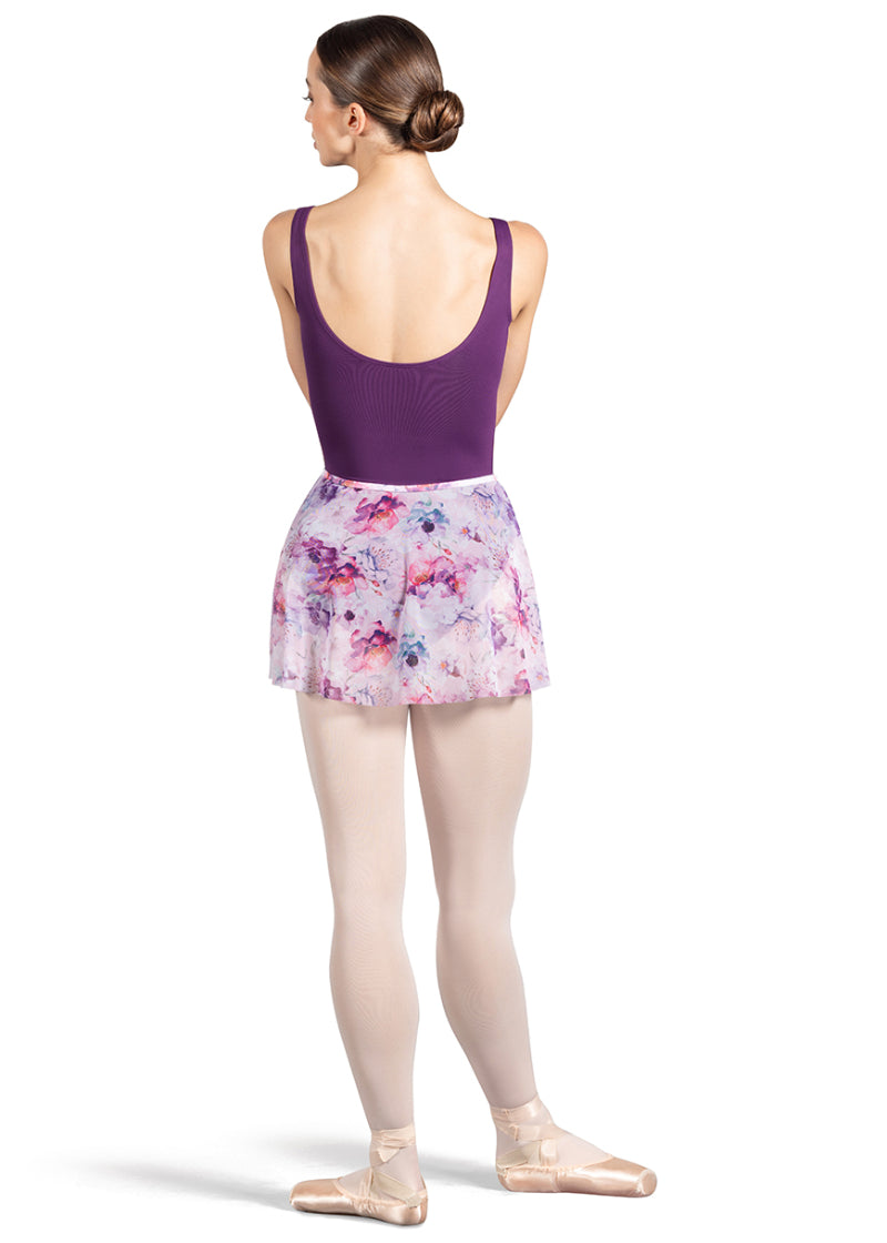 Bloch mesh pull-on skirt in pink and light purple floral print.