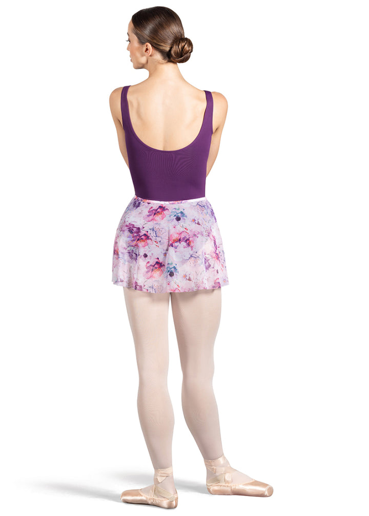 Bloch mesh pull-on skirt in pink and light purple floral print.
