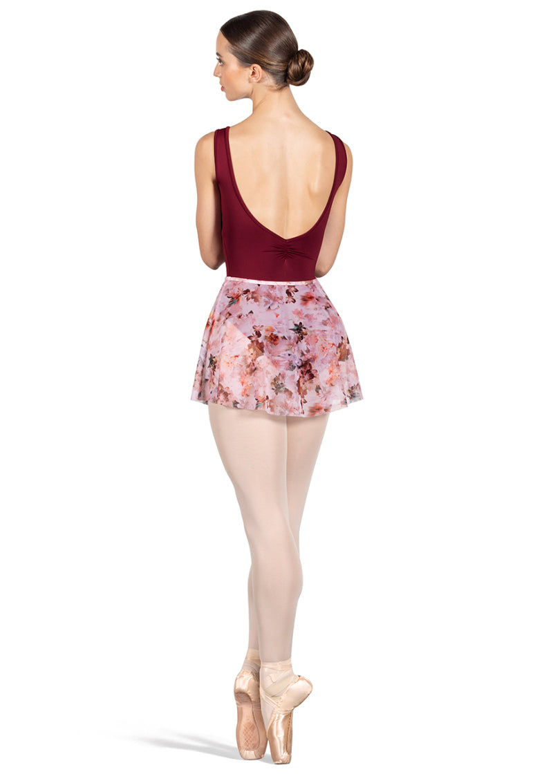 Bloch mesh pull-on skirt in pink and red floral print.