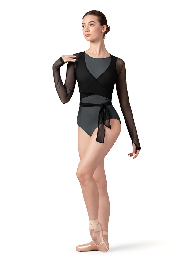 Bloch black mesh wrap top pictured with gray leotard