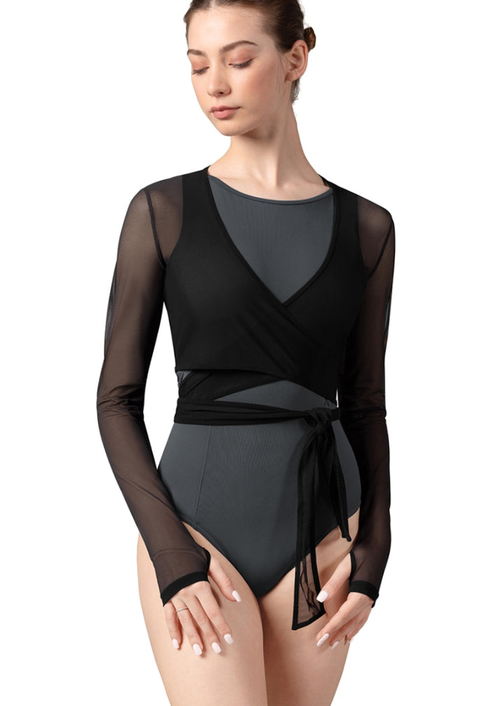 Bloch black mesh wrap top pictured with gray leotard