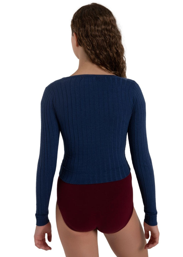 Capezio blue ribbed knit wrap sweater
