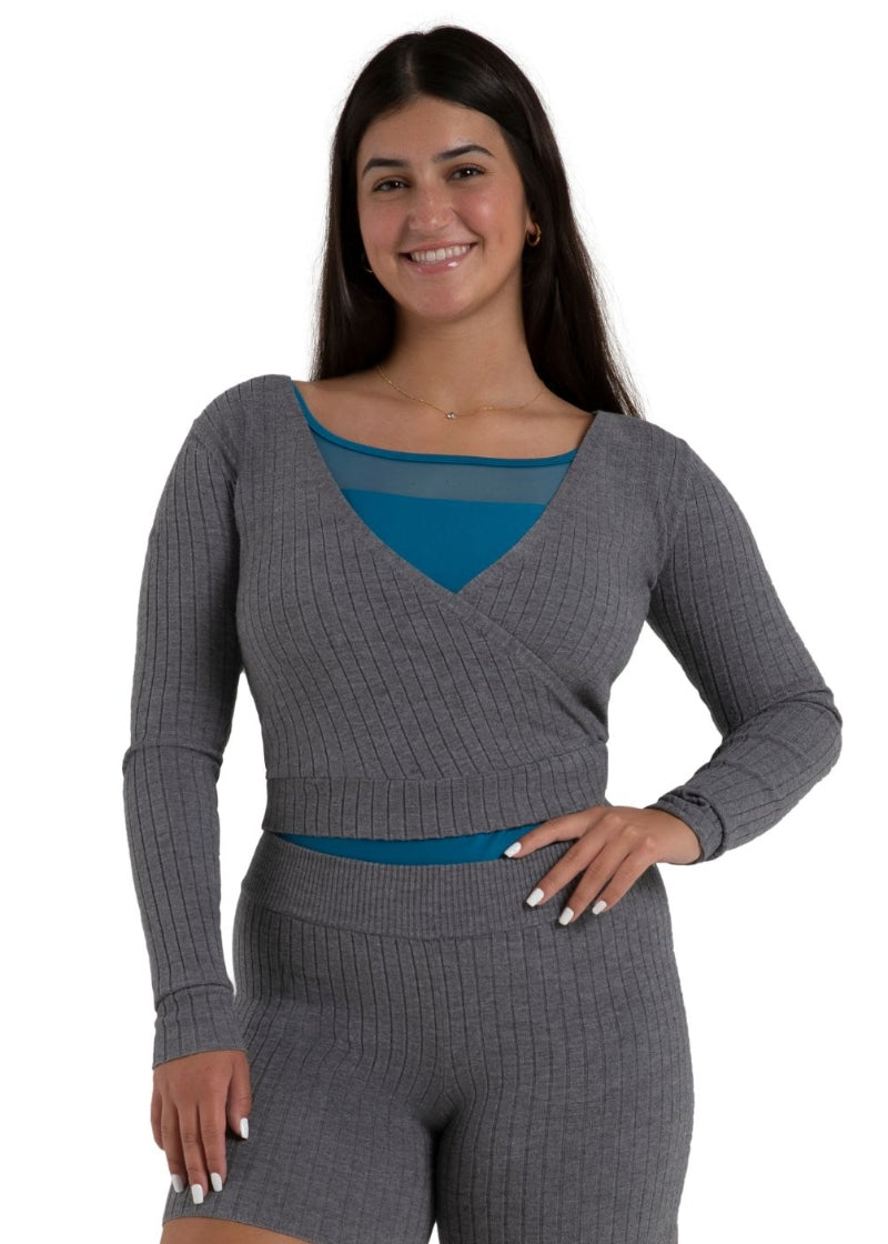 Capezio gray ribbed knit wrap sweater