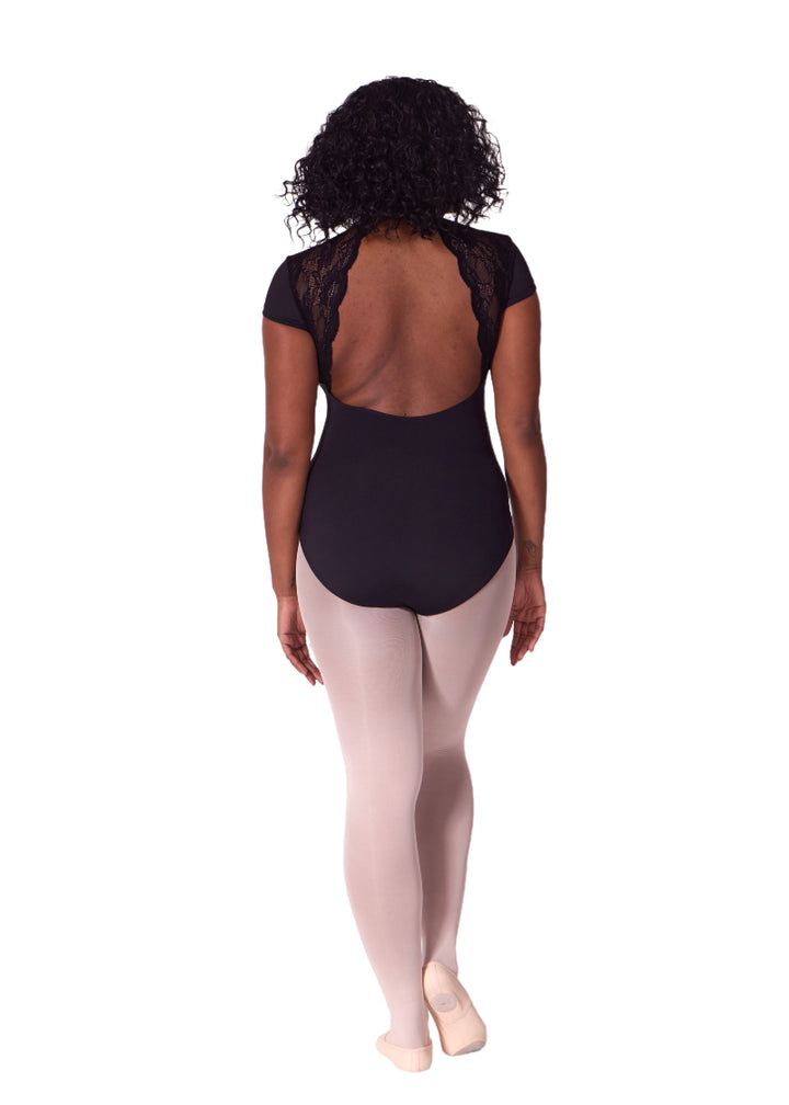 Capezio women's short sleeve leotard in black with lace panels and open back.