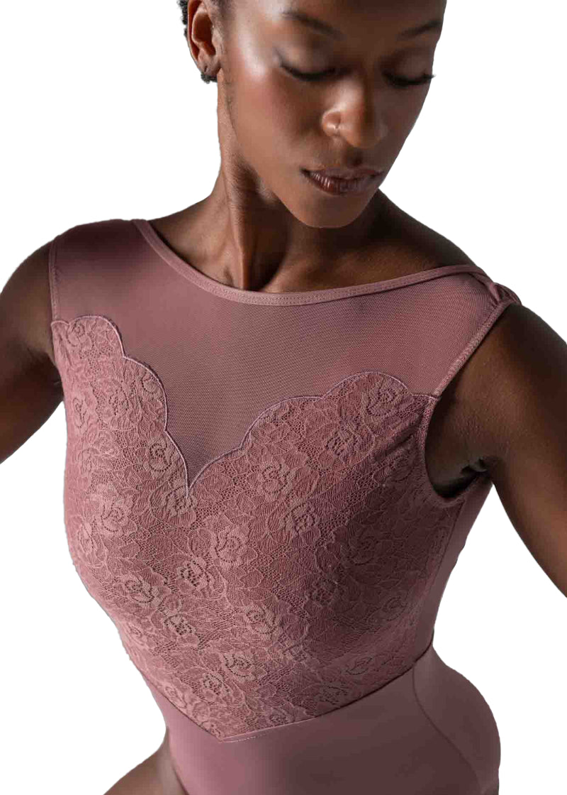 Ballet Rosa women's Caprice tank leotard in pink with lace bodice, scalloped sweetheart and mesh neckline.
