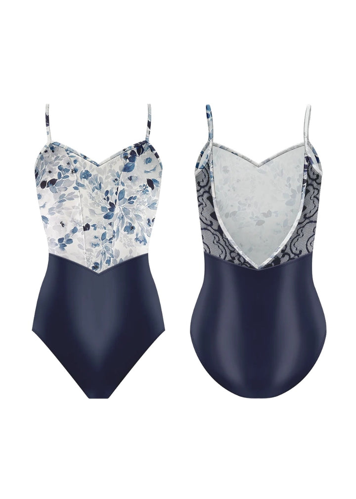 Danse de Paris navy camisole leotard with white bodice with blue floral pattern, V back, and lace side panels
