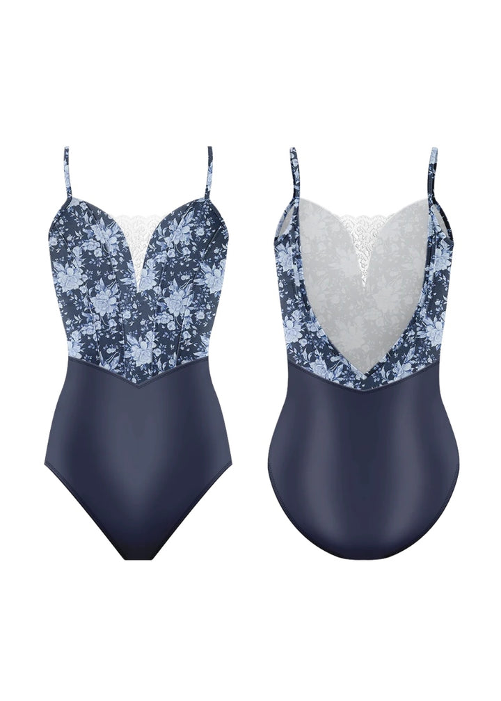 Danse de Paris navy camisole leotard with white floral pattern, white lace insert, and deep V back