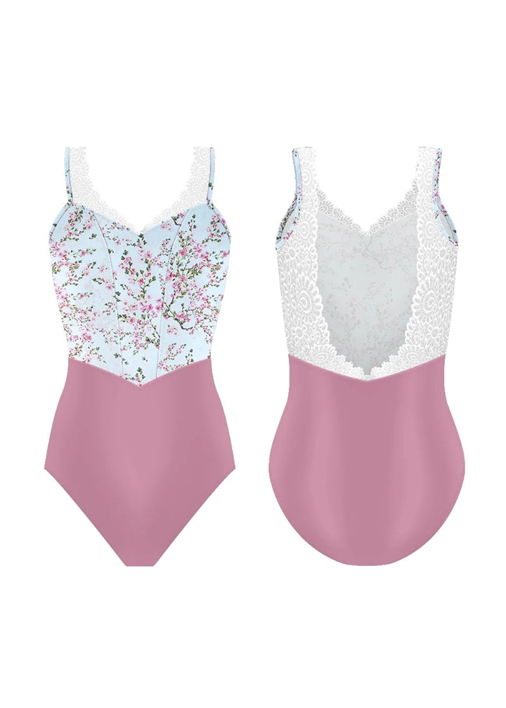 Danse De Paris lace trimmed tank leotard with pink base, white bodice with cherry blossom pattern, and open V back