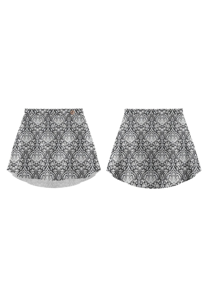 Danse de Paris black pull-on skirt with off white lotus pattern