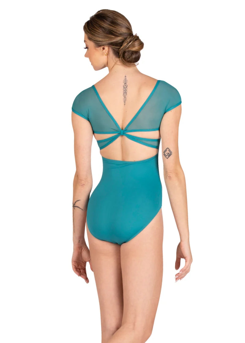 Danznmotion turquoise cap sleeve leotard with mesh inserts and keyhole back