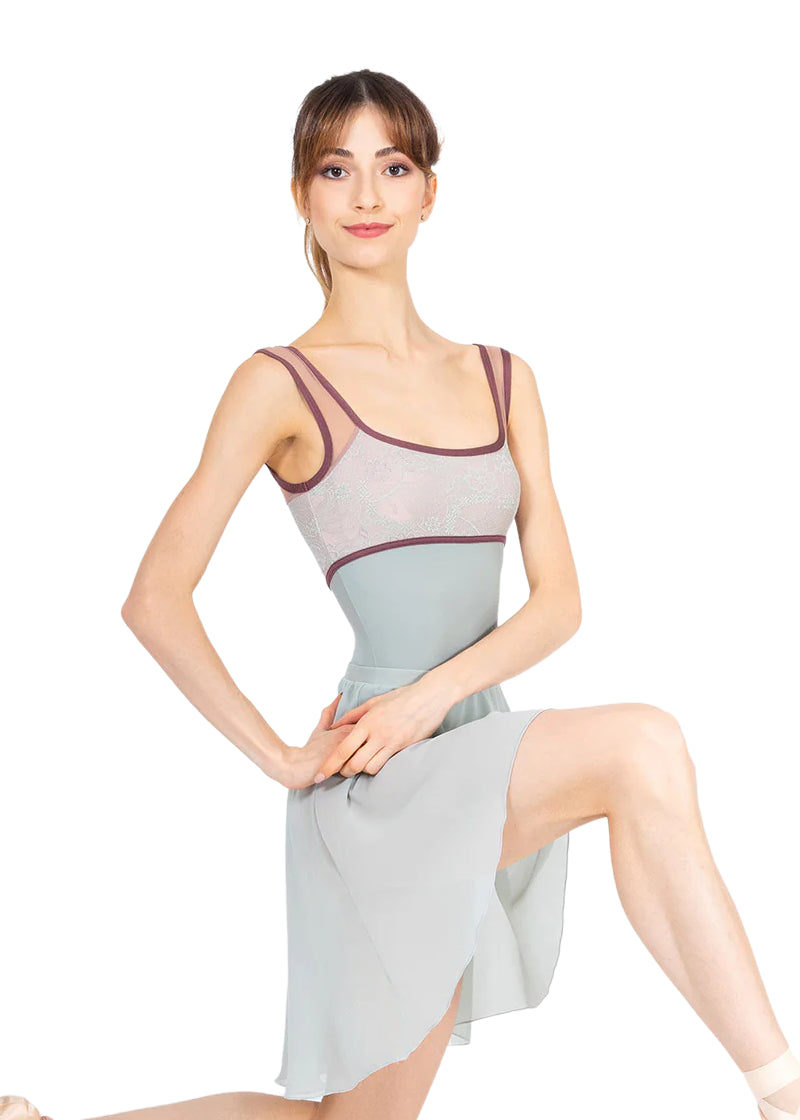 Hand-made in Italy by DellaLo' Milano: Penelope Tank Leotard with lace bust overlay (Style Number CD25102-3) in Argento (Pale Mint Green)