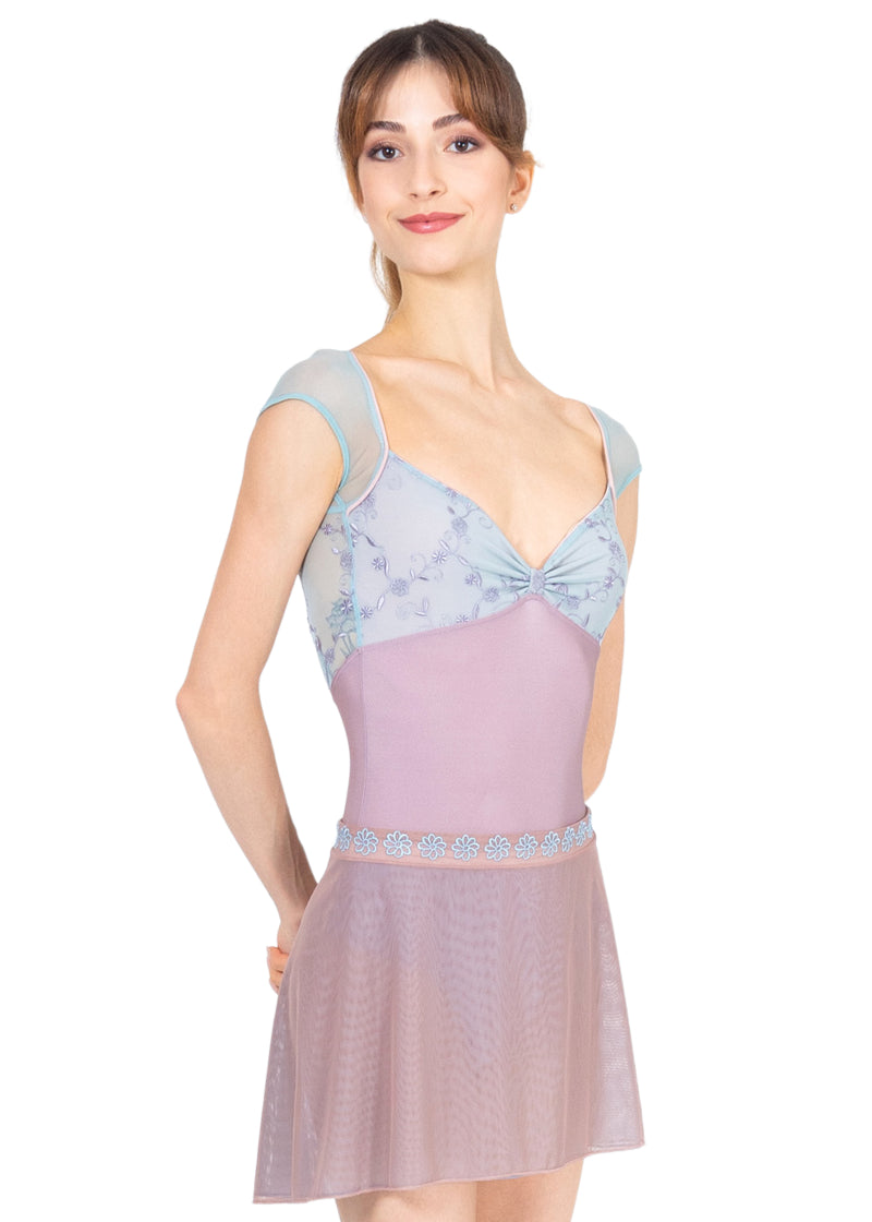 Hand-made in Italy by DellaLo' Milano: Venere Cap Sleeve Leotard with embroidered mesh pinch front in Alchimia (mauve/light blue), Style Number CD25107-3