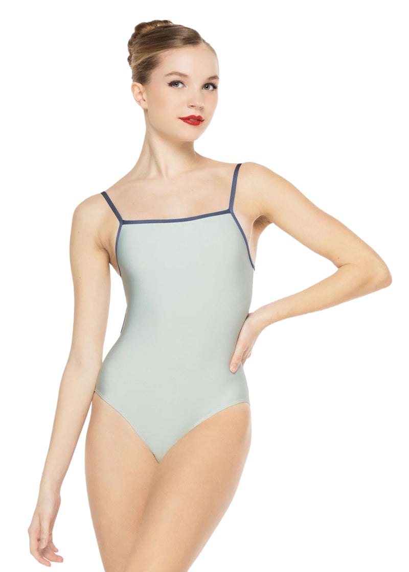 Eleve women's Candy camisole leotard in light blue with blue trim and straps.
