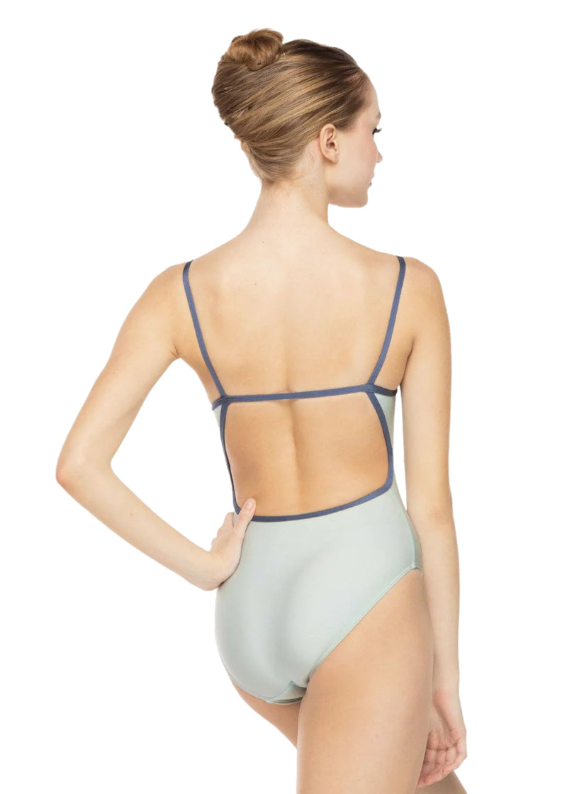 Eleve women's Candy camisole leotard in light blue with blue straps and open back.