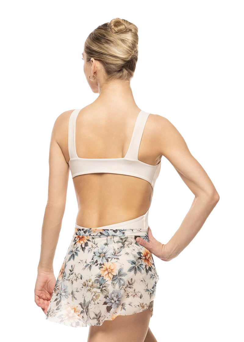 Eleve mesh pull-on skirt in blue floral print with white background.