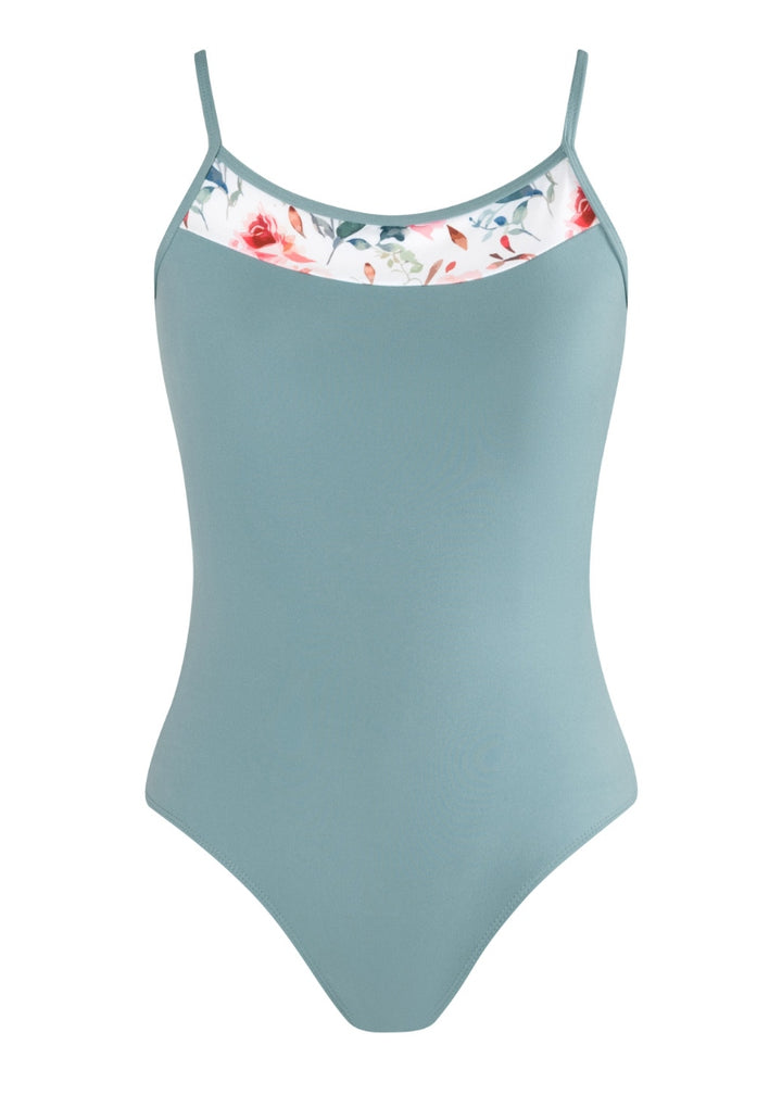 blue camisole leotard with floral panels